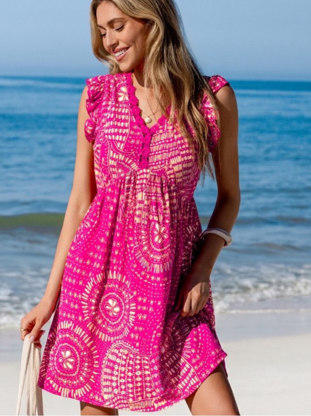 Cupshe NWT S maroon & tan boho Printed crochet neckline Swim Cover-Up mini Dress